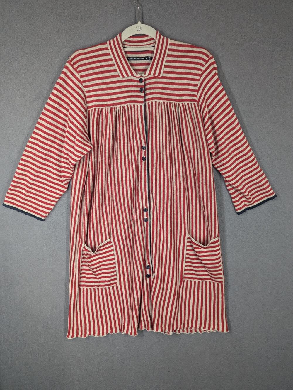 Gudrun Sjoden Red White Striped Linen Button Up Tunic Duster Dress Lagenlook